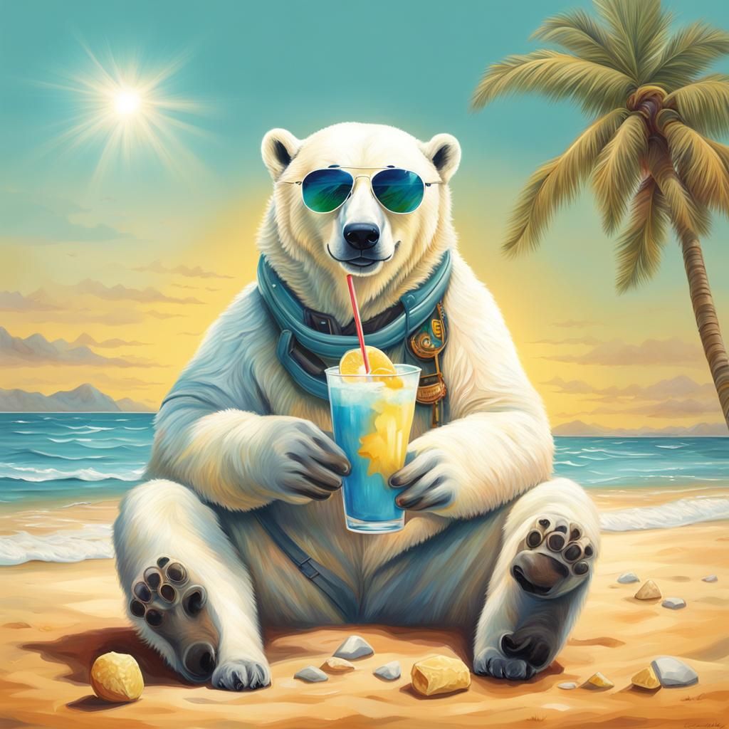Polar Bear Sipping Pina Colada on Beach