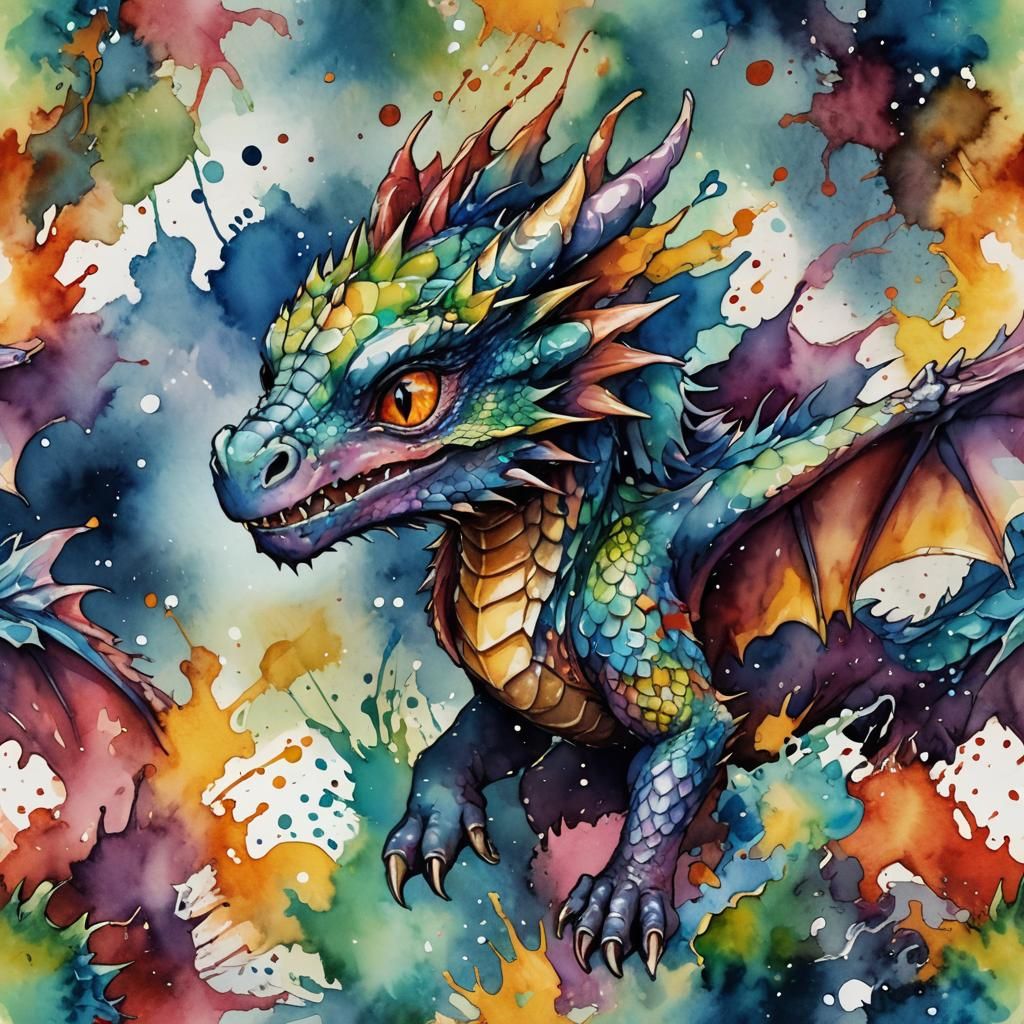 Cute Anime Baby Dragon in Watercolor