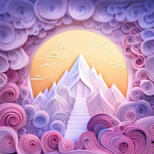 Paper Quilling Mountain Temple in 3D Surreal Style