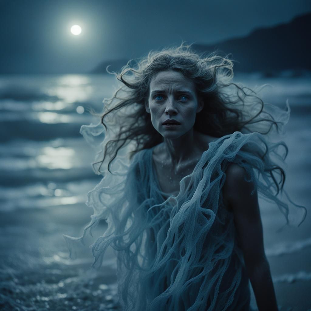 Magnificent Nymph on Icy Beach at Night