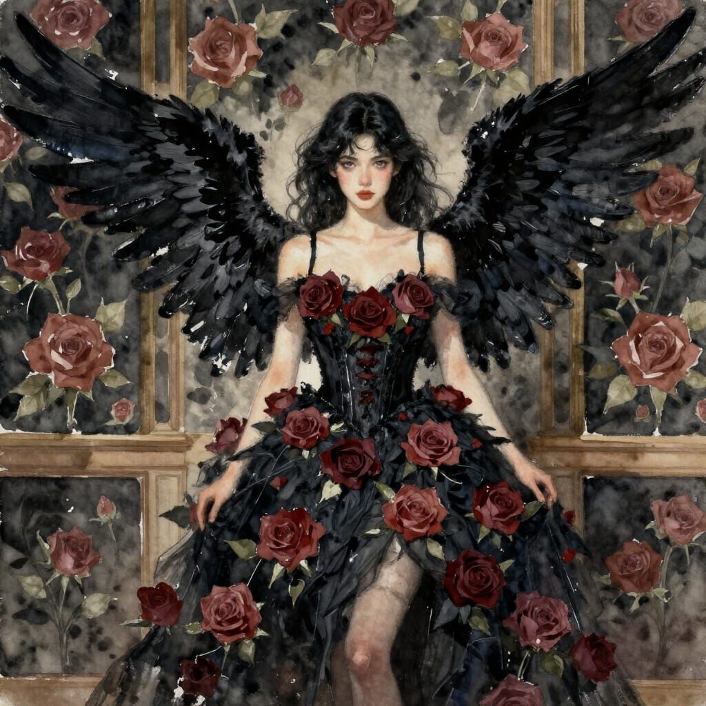 Angel Posing in Rose-Filled Room as Gouache Painting