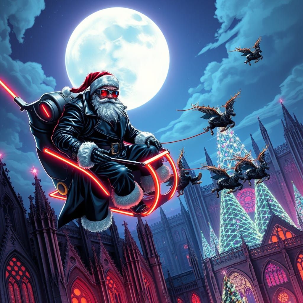 Cyberpunk Santa Claus in Futuristic Flight
