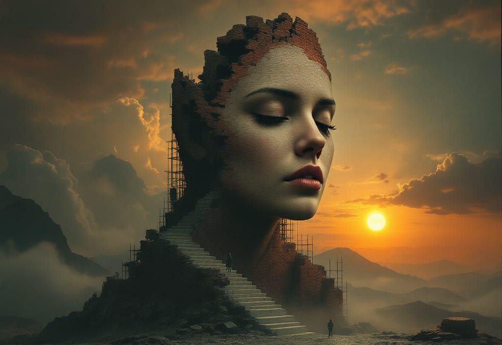 Surreal Face Emerges From Crumbling Brick Tower