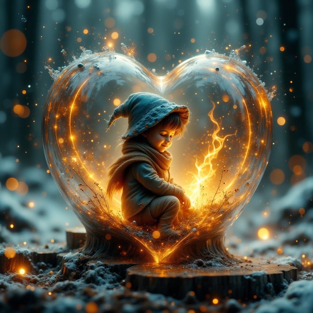 Glass Heart Holds Boy by Magical Bonfire in Snowy Forest