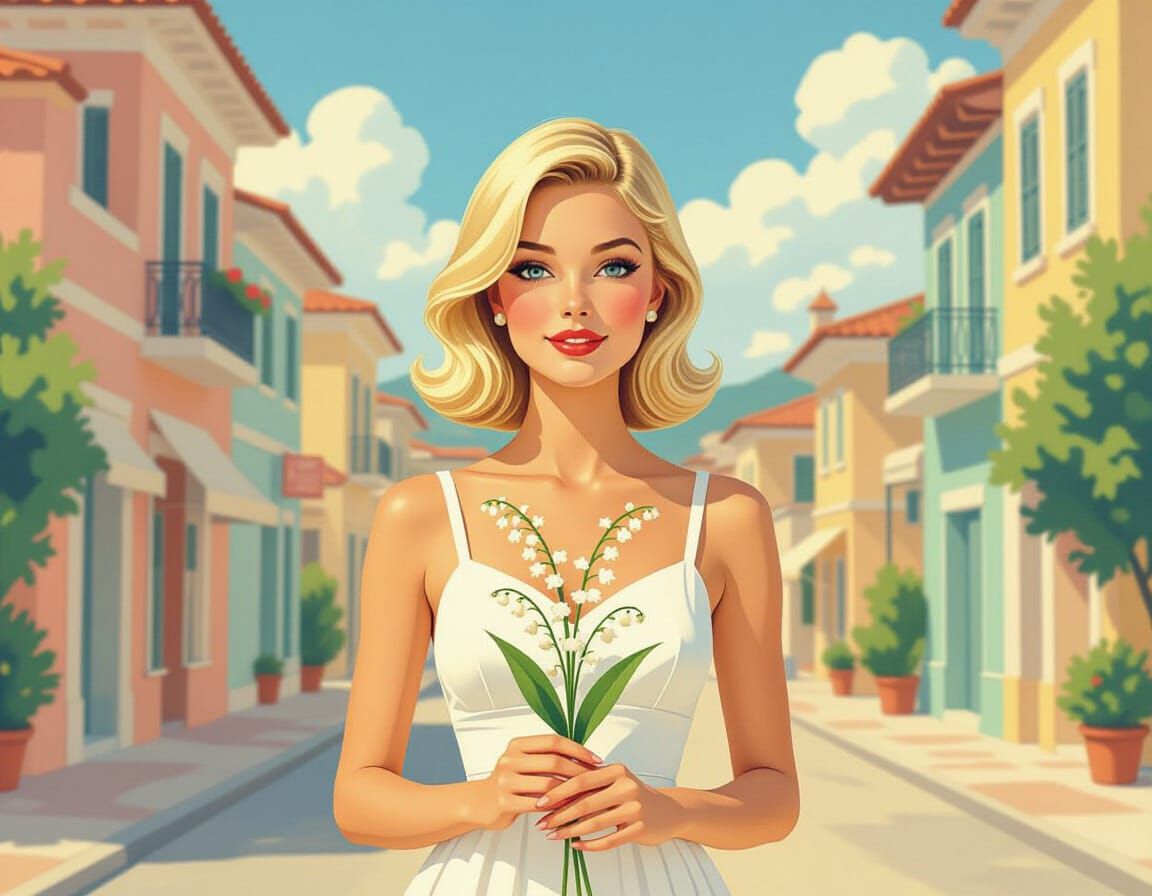 Blonde Woman in 60s Dress Holding Lily-of-the-Valley