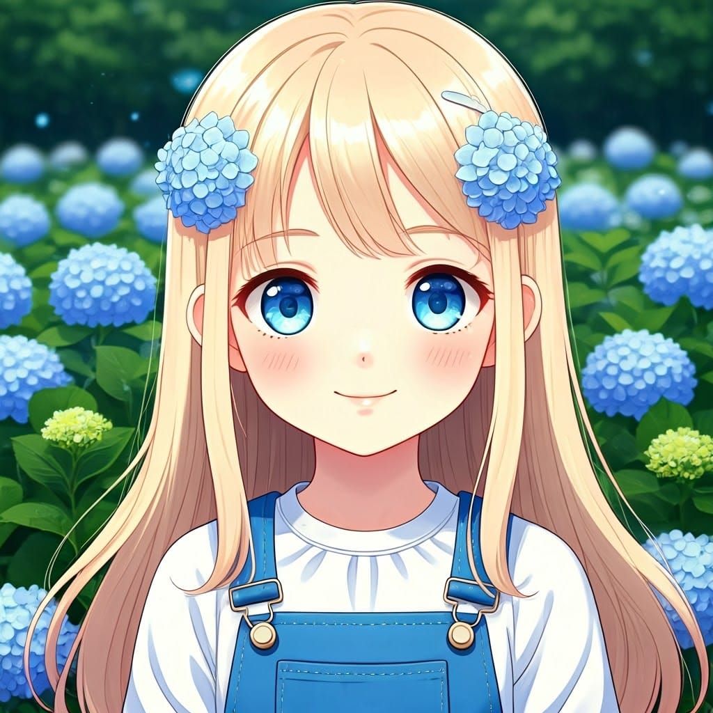 Cute Girl in Hydrangea Field: Anime Style