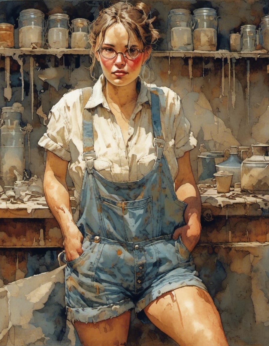 <lora:Natural Curves:1.0> 16k, full body portrait of curvyGorgeous Captivating Curvy mechanic dressed in worn overalls a...