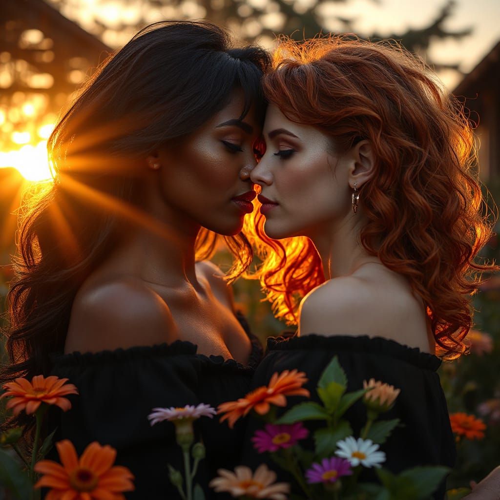 Romantic Garden Kiss in Hyper-Realistic Style