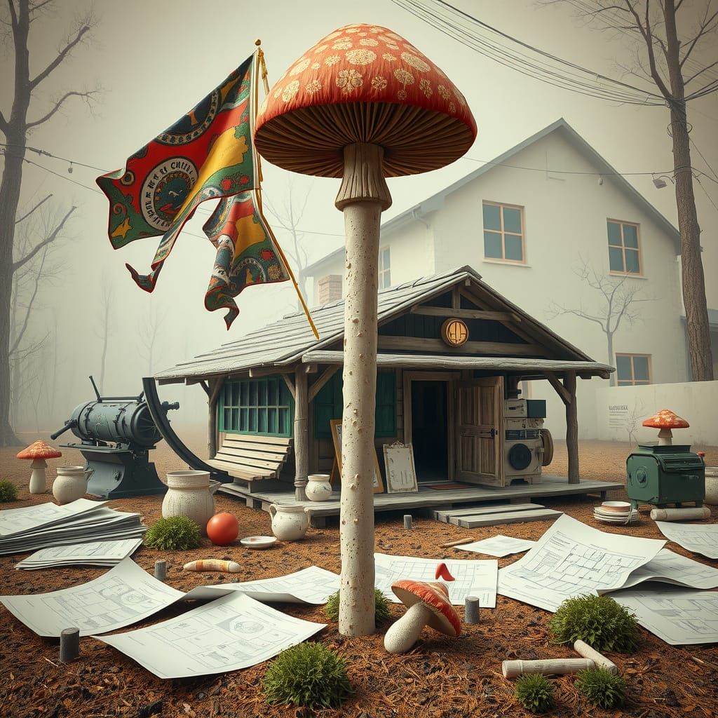 Vibrant Mushroom Flags in Hyperrealist Cabin Scene