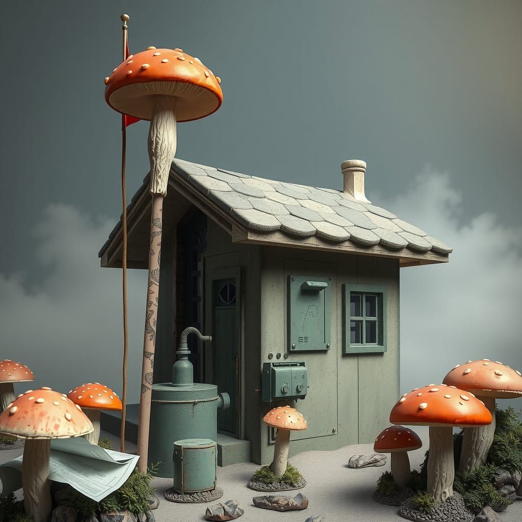 Modernist Brutalist Fantasy World with Chewing Gum Cabin and...