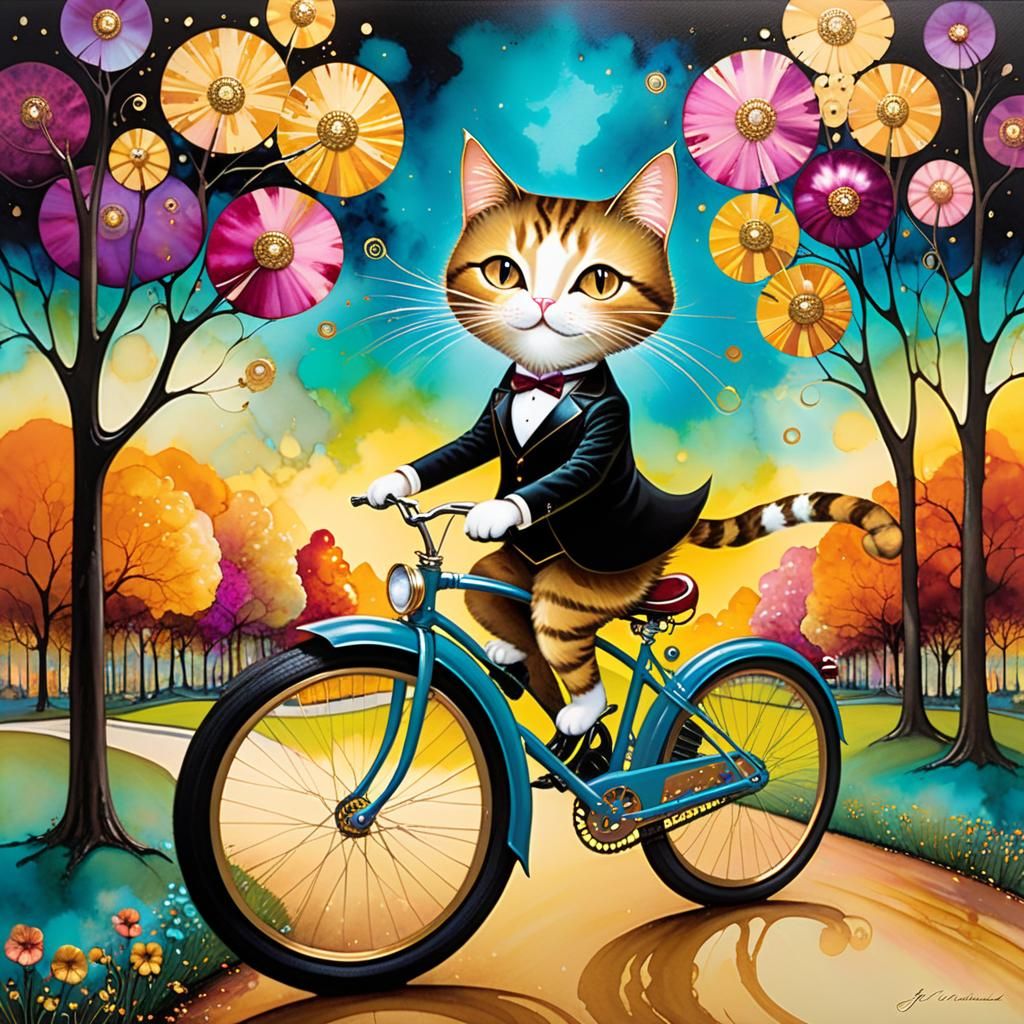 Whimsical Cat Cycling Through Park in Alcohol Ink Style