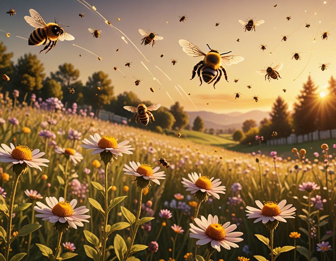 Surreal Realistic Scene of Bees in Flight with Glowing Trail...