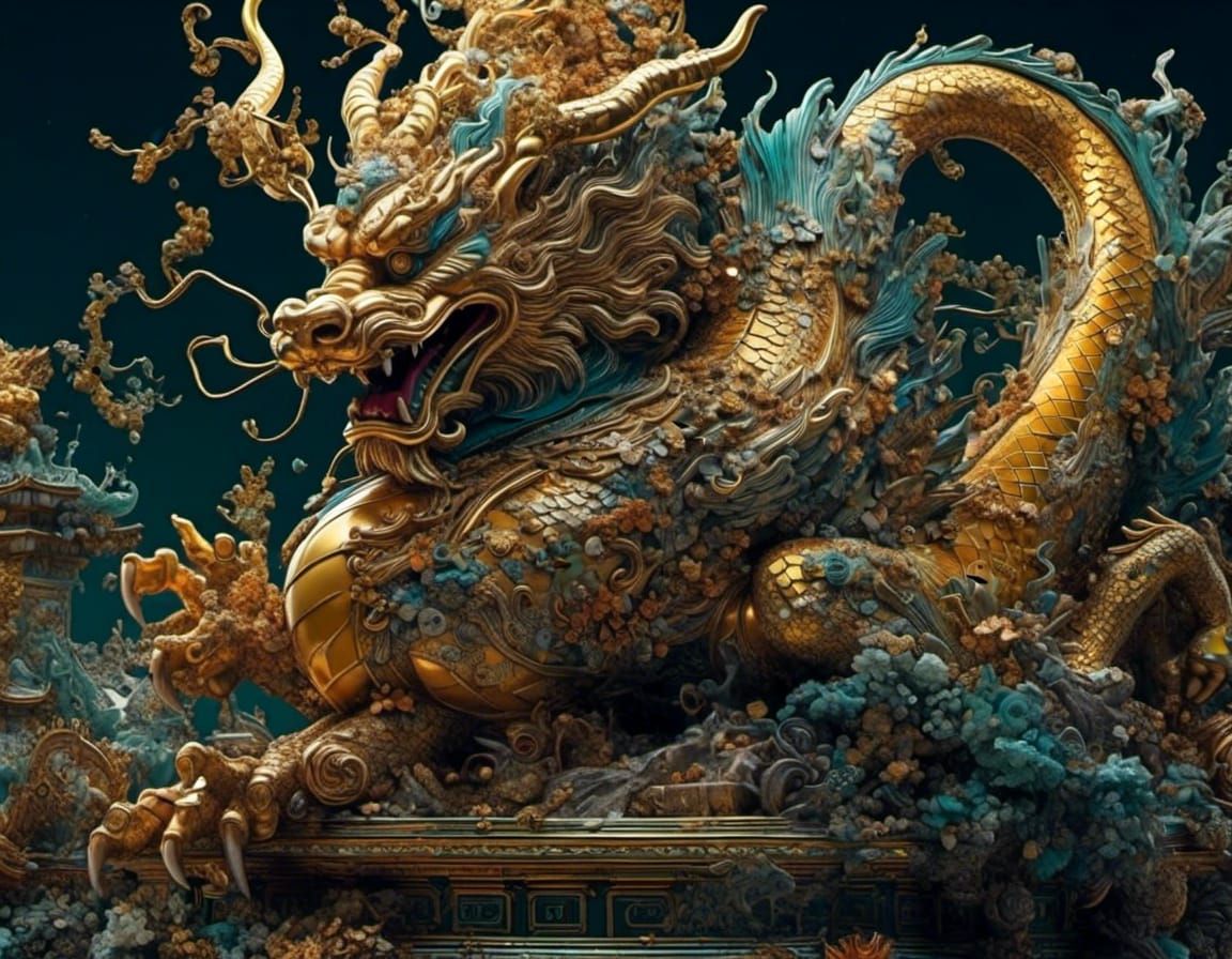 <lora:Cat:1.0>  extremely_detailed complet aerial view of "Shiny golden Filligree_chinese dragon statue!! Fire 🔥 !", a ...