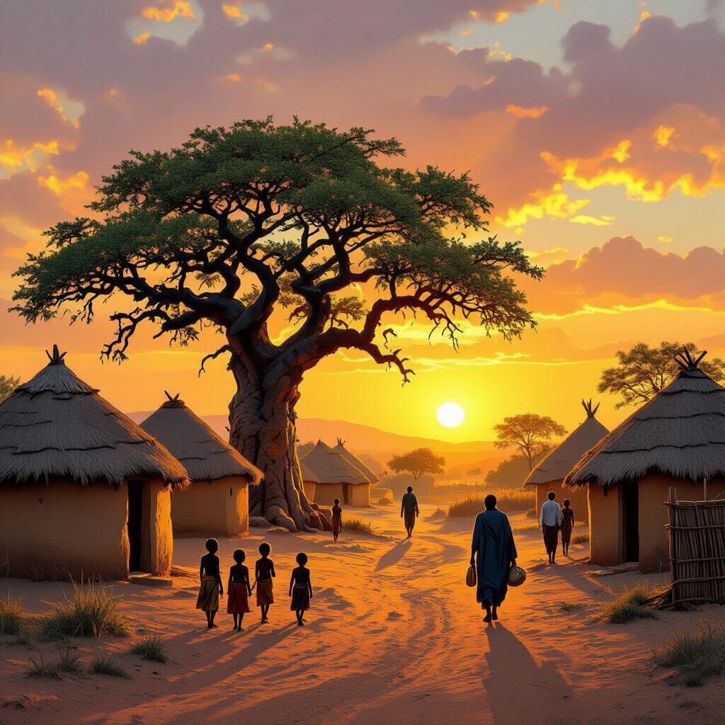 African Village at Golden Hour, Mysterious Stranger Arrives
