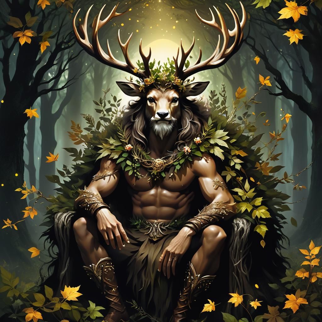 Horned Forest God on Throne in Gothic Style
