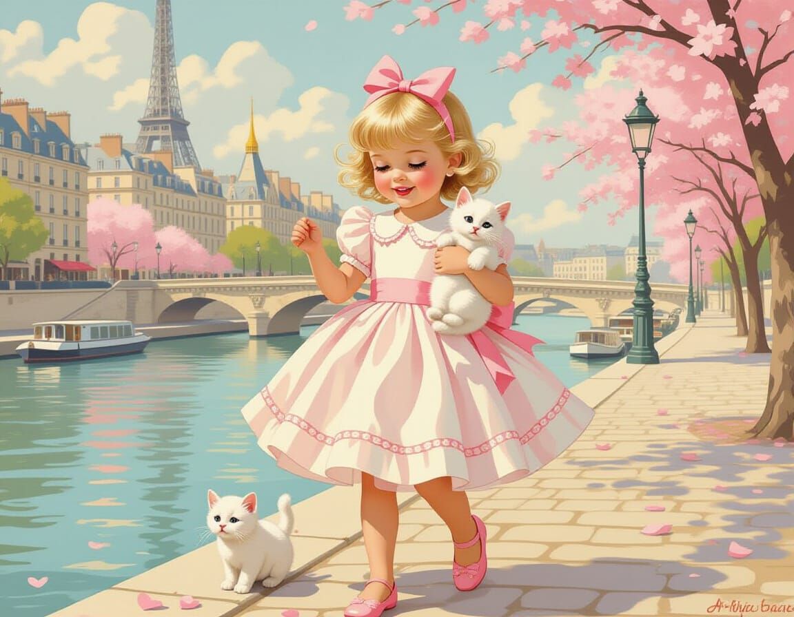 Parisian Valentine: Girl with Kitten, Vintage Illustration