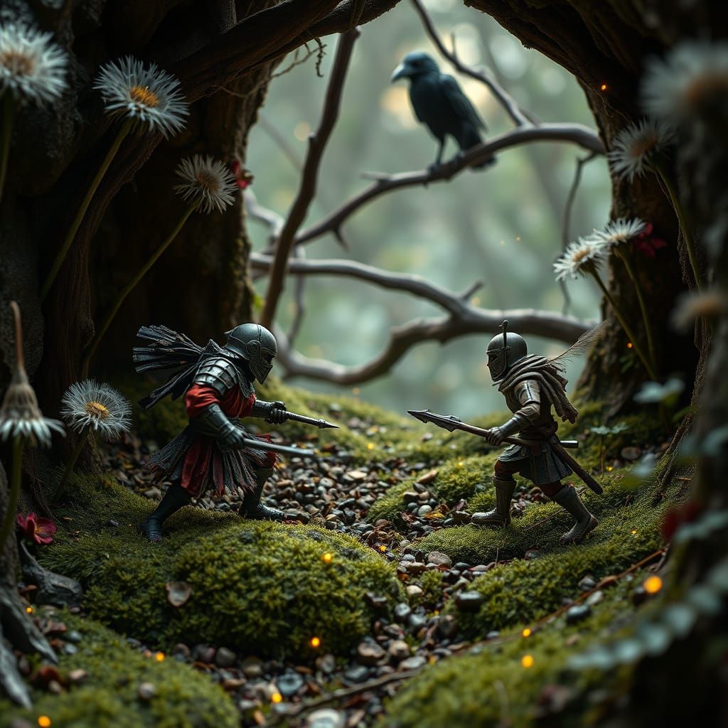 Miniature Garden Battle in Dark Whimsy Style