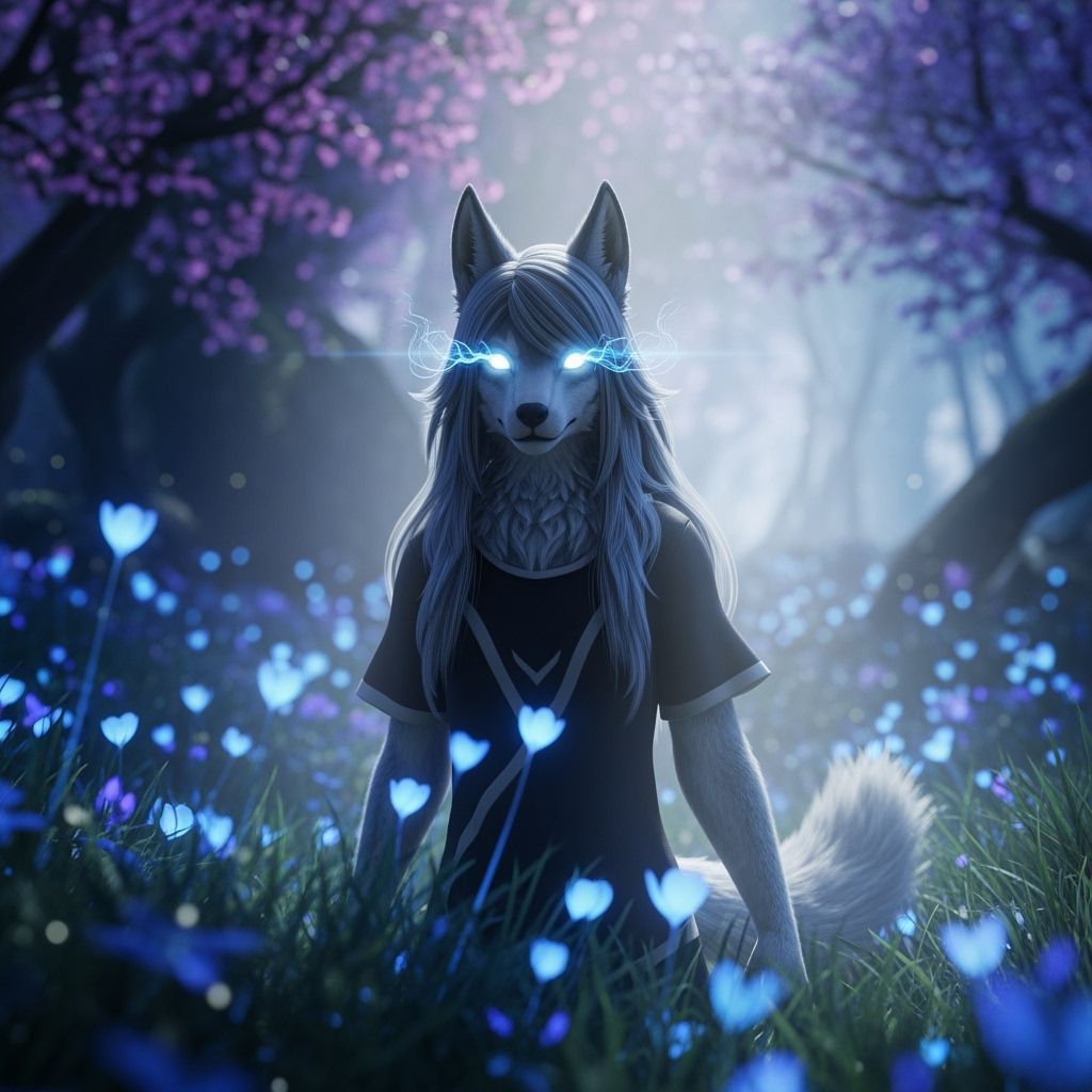 Anthro Wolf Girl in Mystical Forest with Ethereal Glow