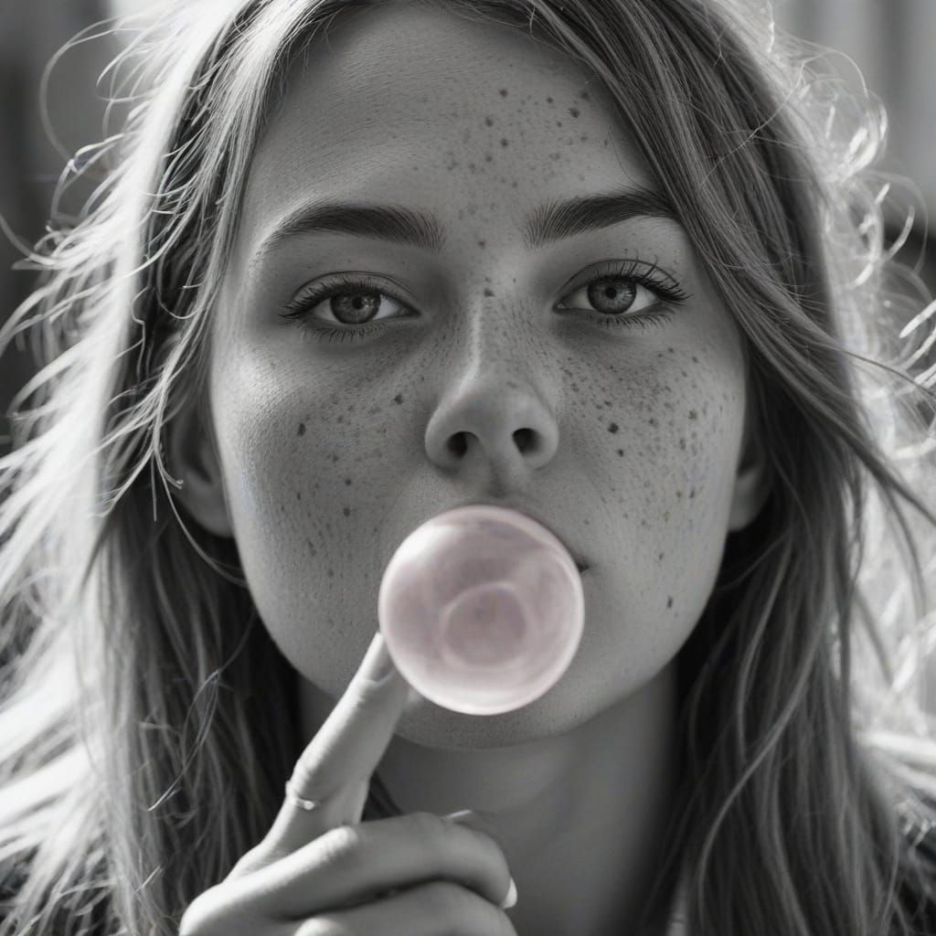 Hyper-Realistic Close-Up of a Girl Blowing a Pink Gum Bubble