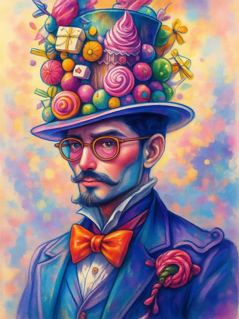 Chic Guy with Cake Top Hat: Whimsical Portrait Painting