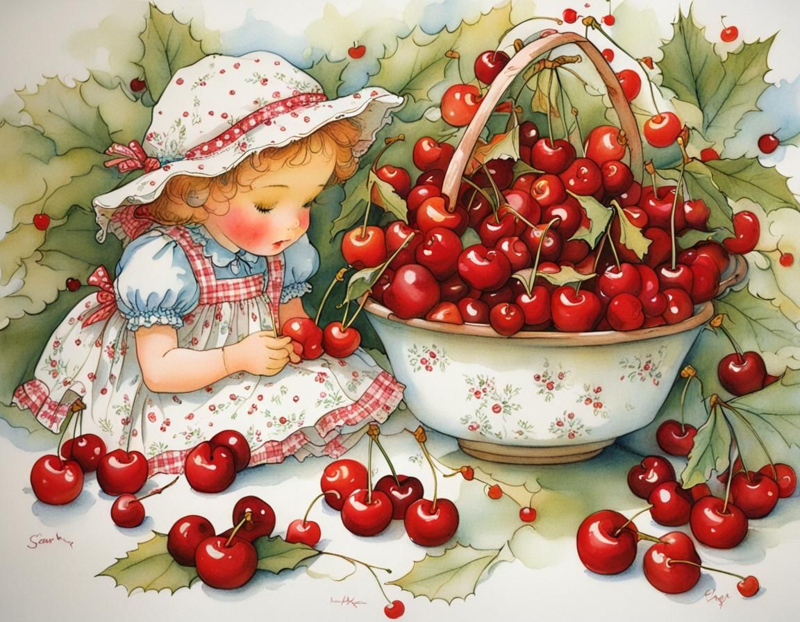 Holly Hobbie Style Cherry Illustration