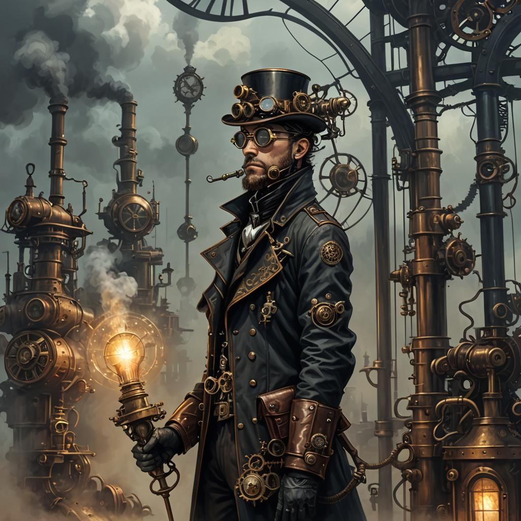 Steampunk Ink Drawing in Retro-Futuristic Style