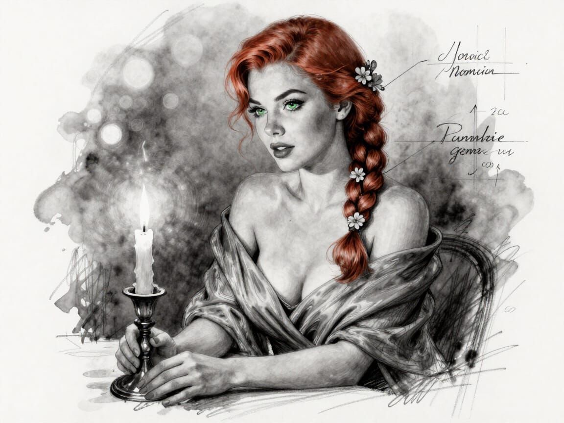 Redhead Woman in Monochrome Sketch with Red Hair and Green E...