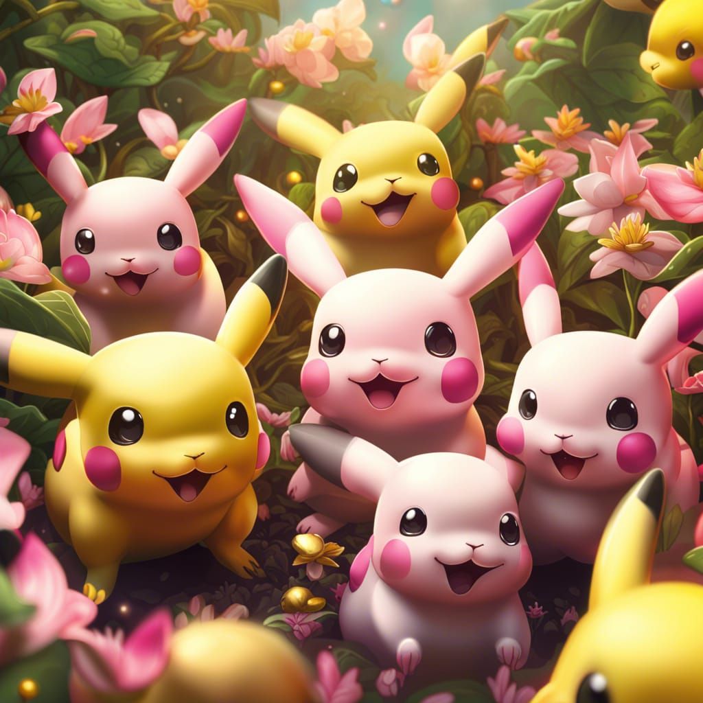 Hyperrealistic Garden of Pink and Gold Pikachus