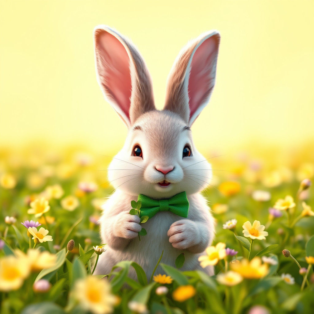 Adorable Bunny Nibbling Clover in Lush Wildflower Field