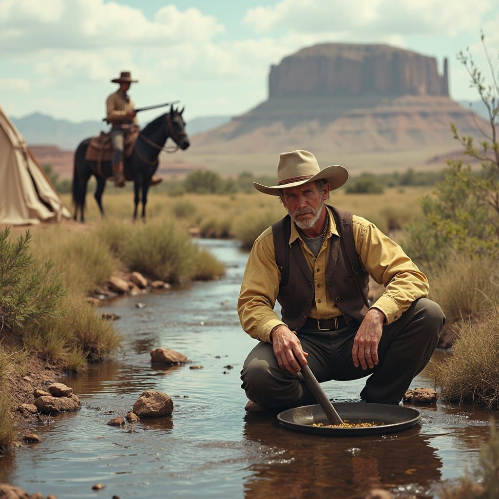 Gold Miner Searches Brook in 1870s Badlands Photo