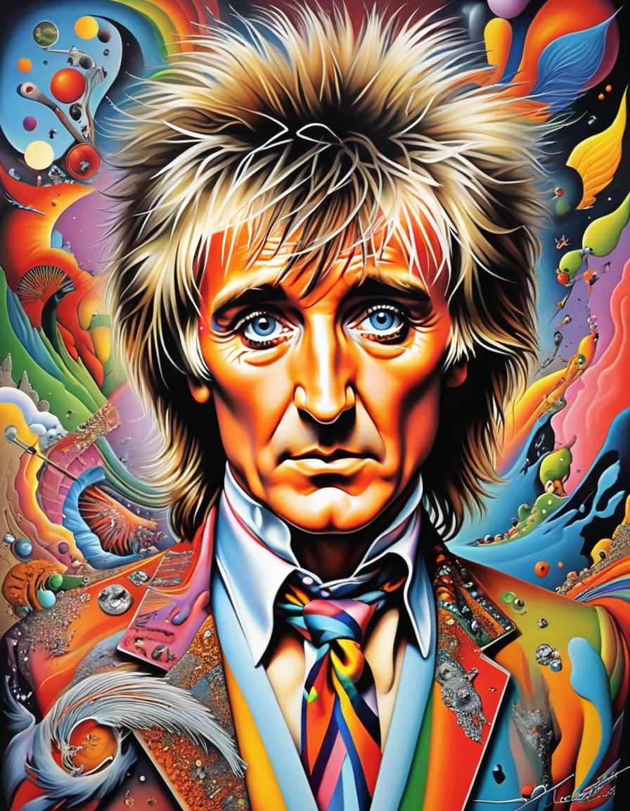 Chromatic Surrealism: Hyperdetailed Rod Stewart Portrait
