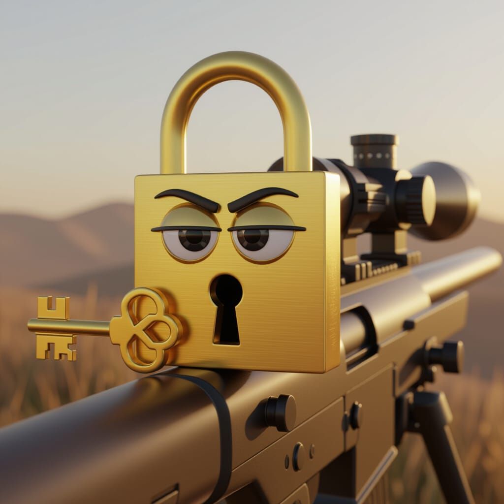 Golden Lock with Sniper Rifle in Cartoon Style
