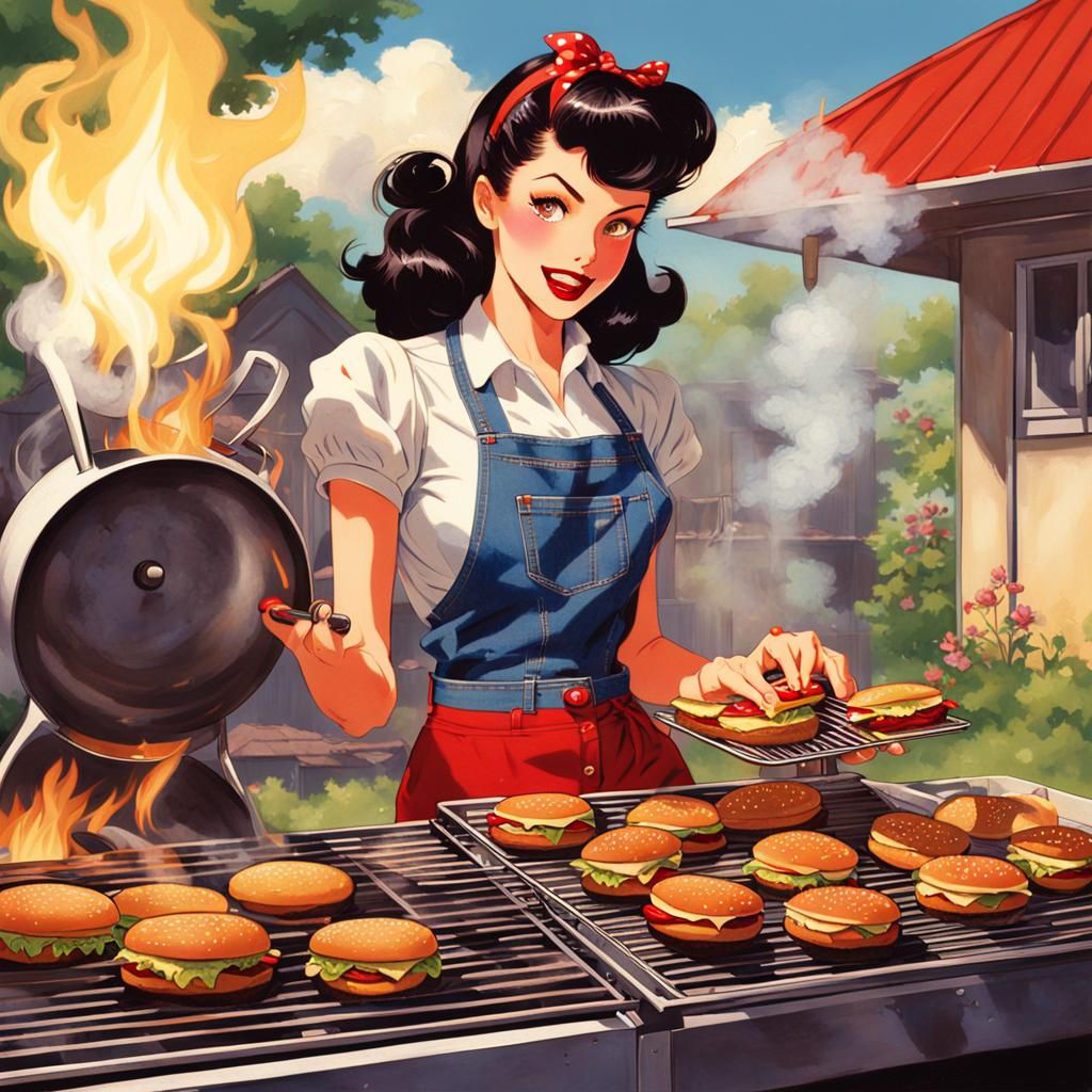 Vintage Pin-Up Brunette with Burning Burgers in Anime Style