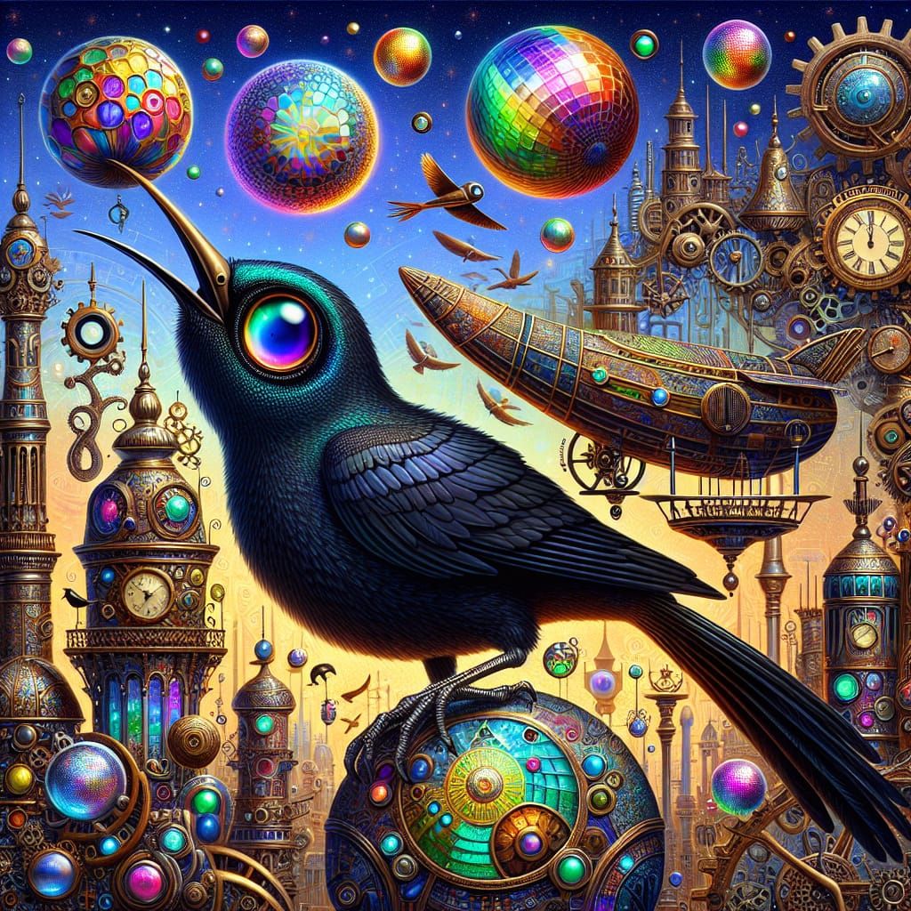 Whimsical Widowbird Juggling Disco Balls in Steampunk Citysc...