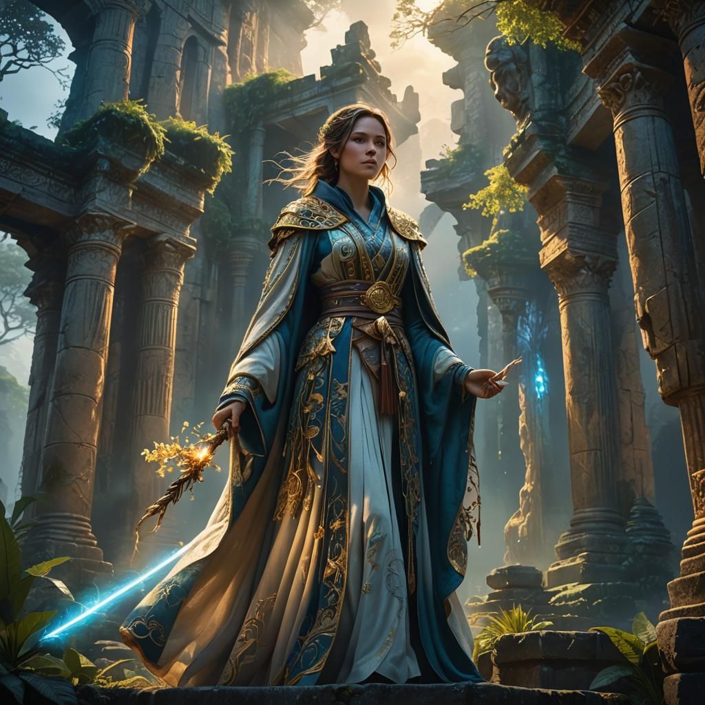 Maggie in Ancient Ruins: Detailed Fantasy Art