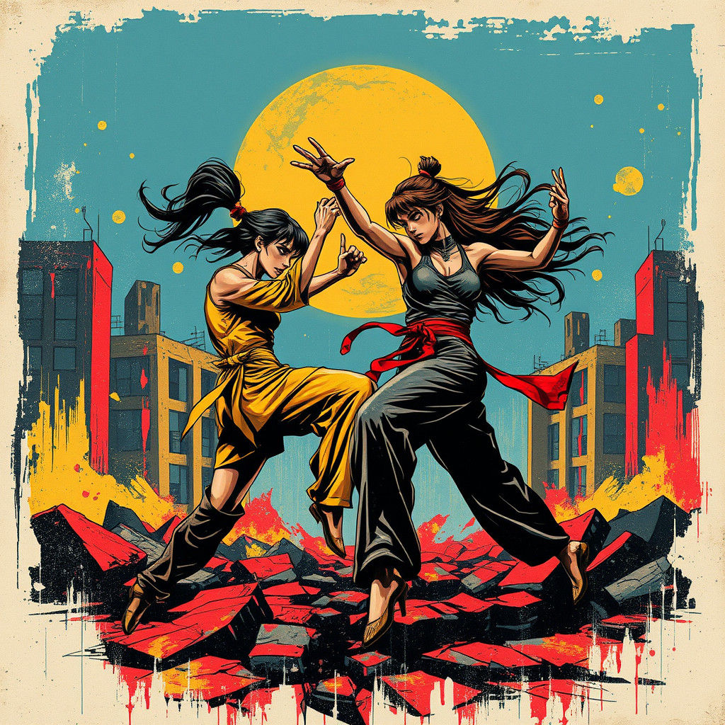 Kung Fu Graffiti Pop Art Battle in Dystopian City