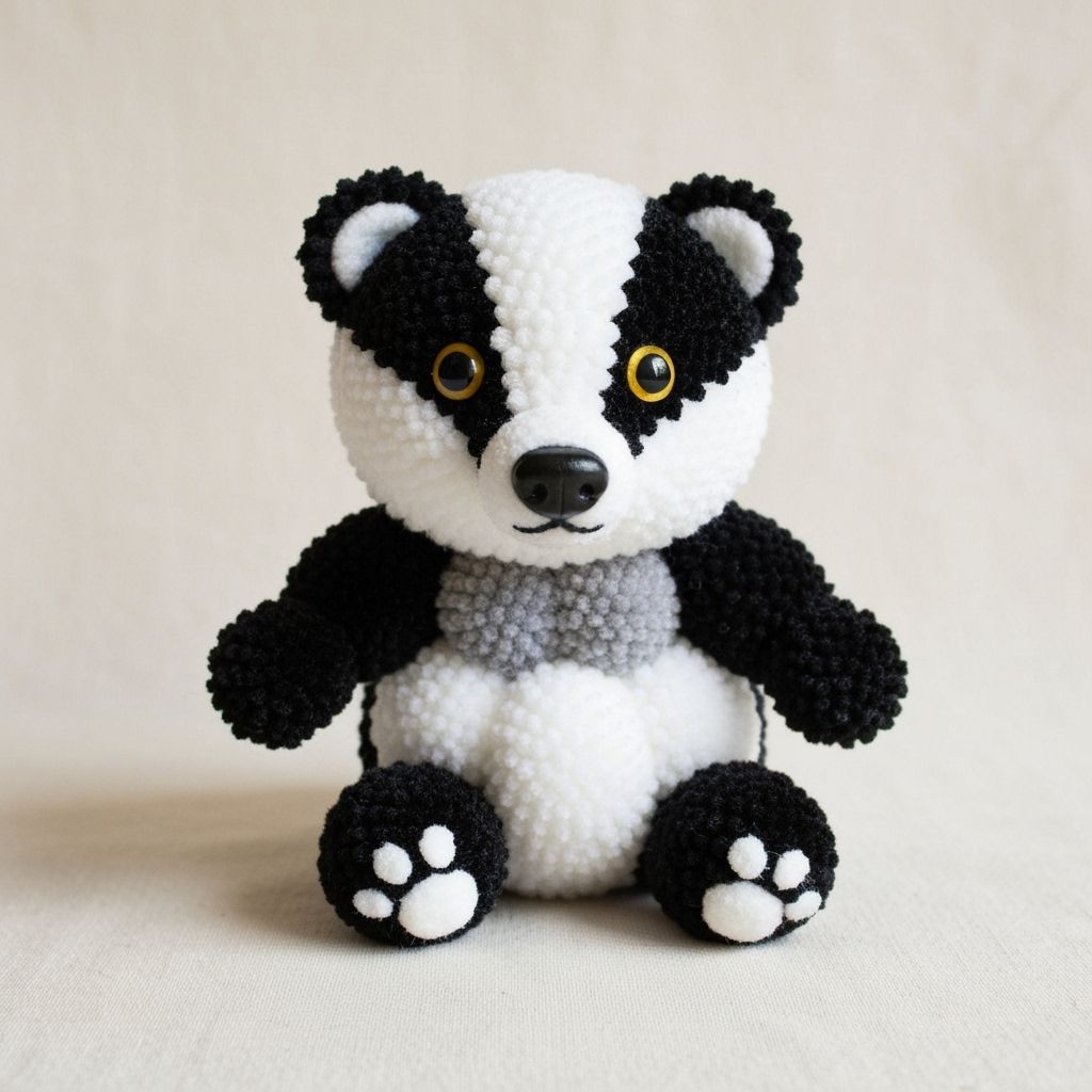Playful Pom Pom Badger Doll on Cream Fabric