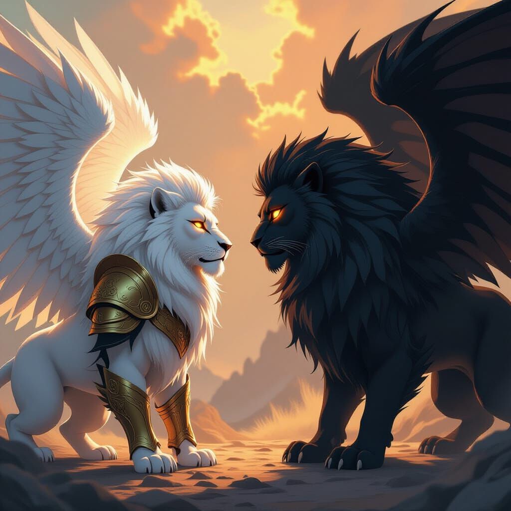 Winged Lions Clash: Anime-Inspired Concept Art