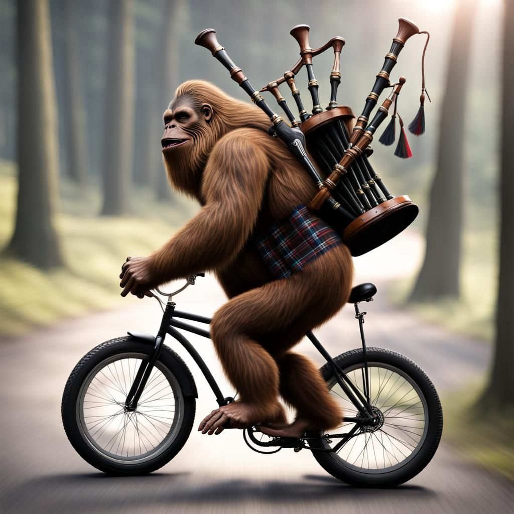 Bigfoot on Unicycle Plays Bagpipes: Photorealistic Image