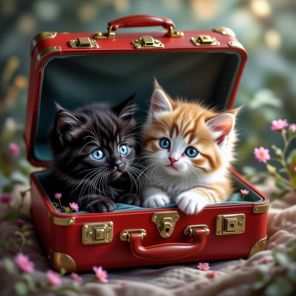 Kittens in Suitcase: Hyperrealistic Digital Painting