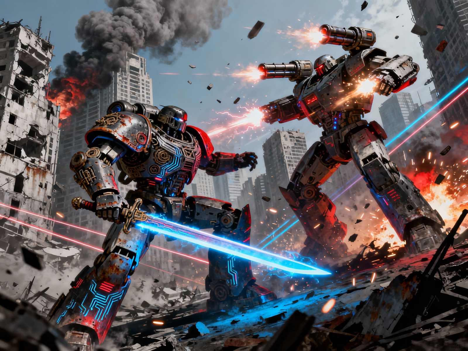 Epic Robot War Battle Scene in Fantasy Art Style