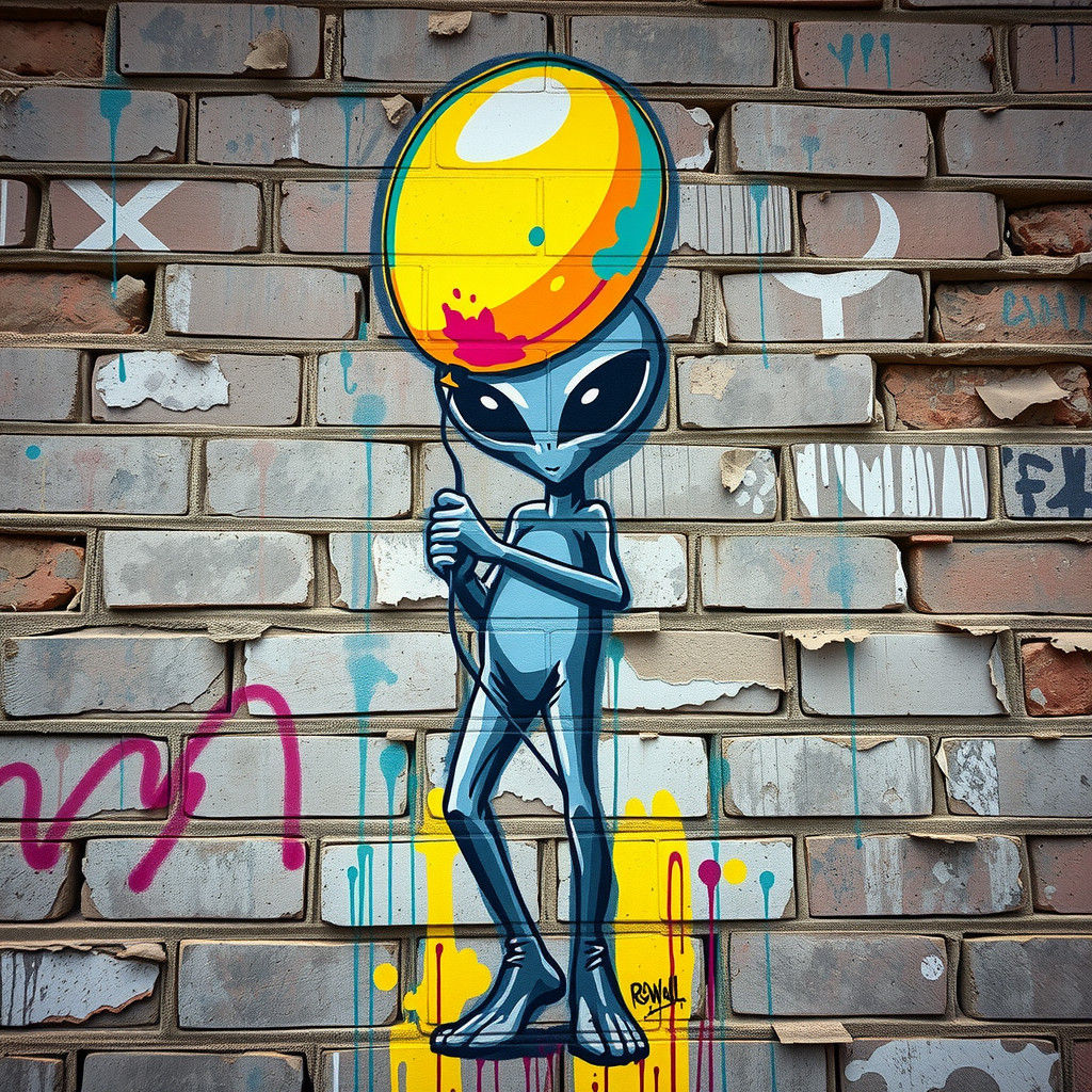 Roswell Alien Street Art with Balloon as Banksy Graffiti