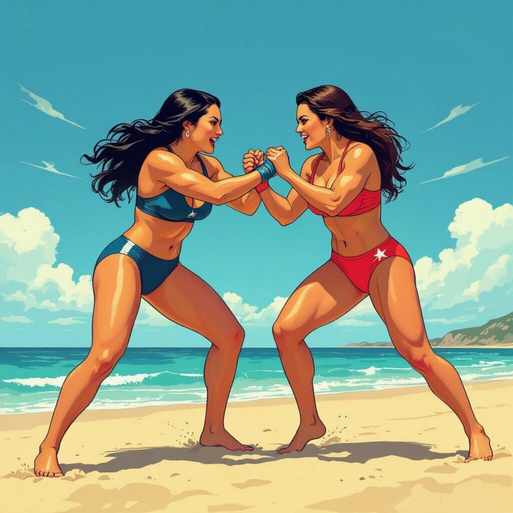 Wrestling Match on Beach in Vintage Illustration Style