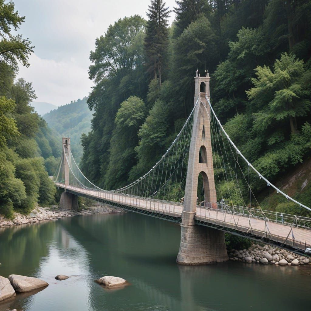 A side view of a suspension bridge over a river