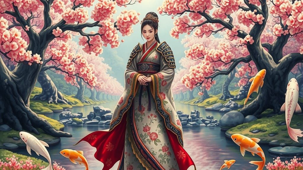Regal Queen in Cherry Blossom Kimono Amidst Ancient Trees