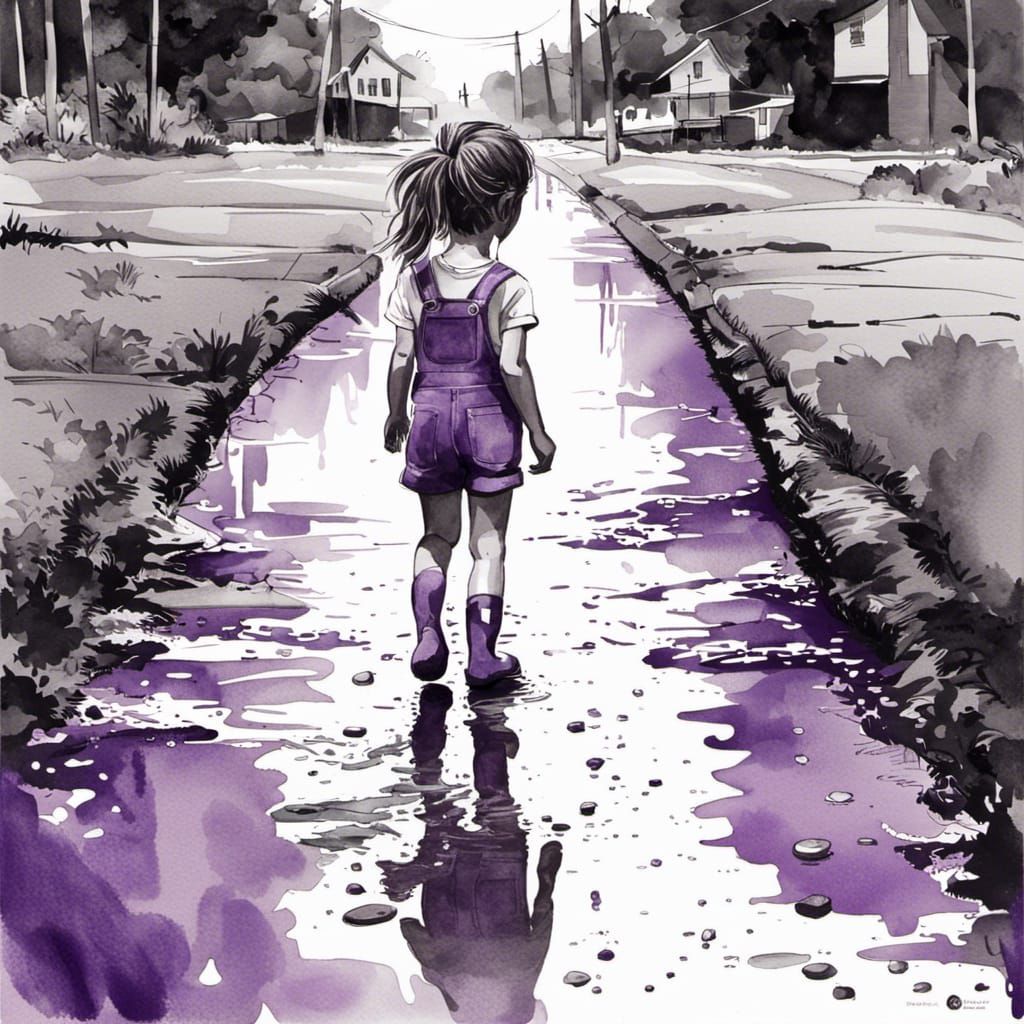 Girl in Purple Overalls Plays in Mud Puddle