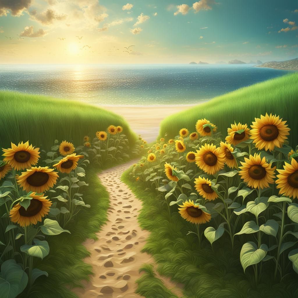 Sunflowers on Sandy Path to Beach: Detailed Matte Painting