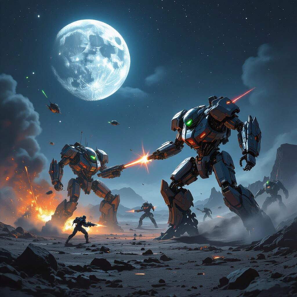Transforming Robots Battle on Metal Planet Under Metal Moon