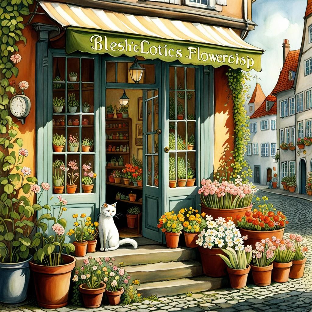 Charming Overgrown Flower Shop Storybook Illustration