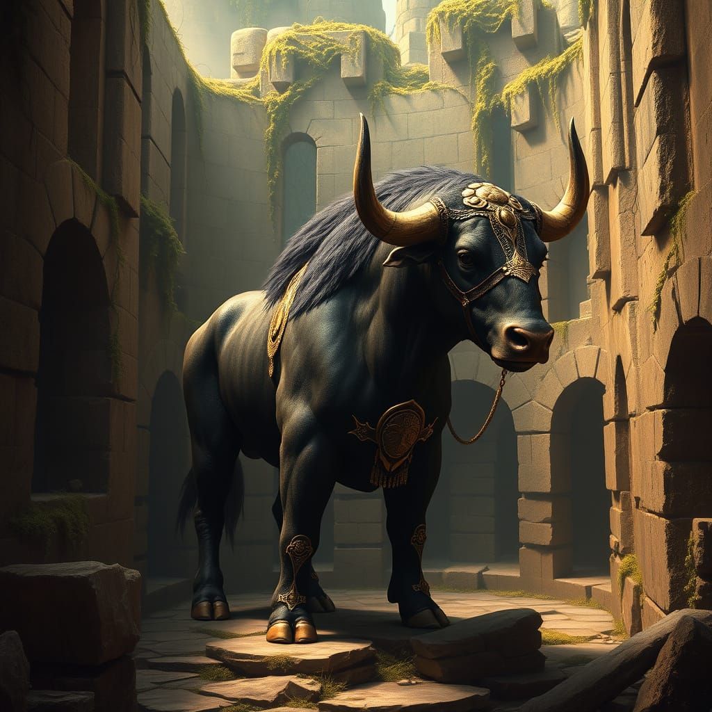 Majestic Minotaurus in Ancient Greek Labyrinth